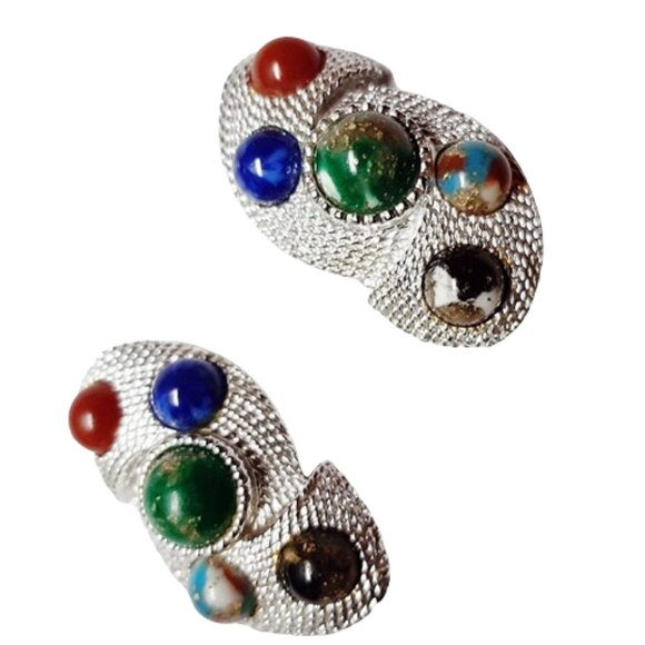 1960s Vintage Large Silver Textured Earrings With Faux Gem Stones Clip Style - Picture 2 of 4